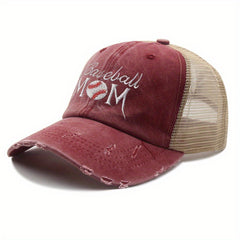 Mom Embroidery Ponytail Trucker Hat Distressed Softball Mom Baseball Cap
