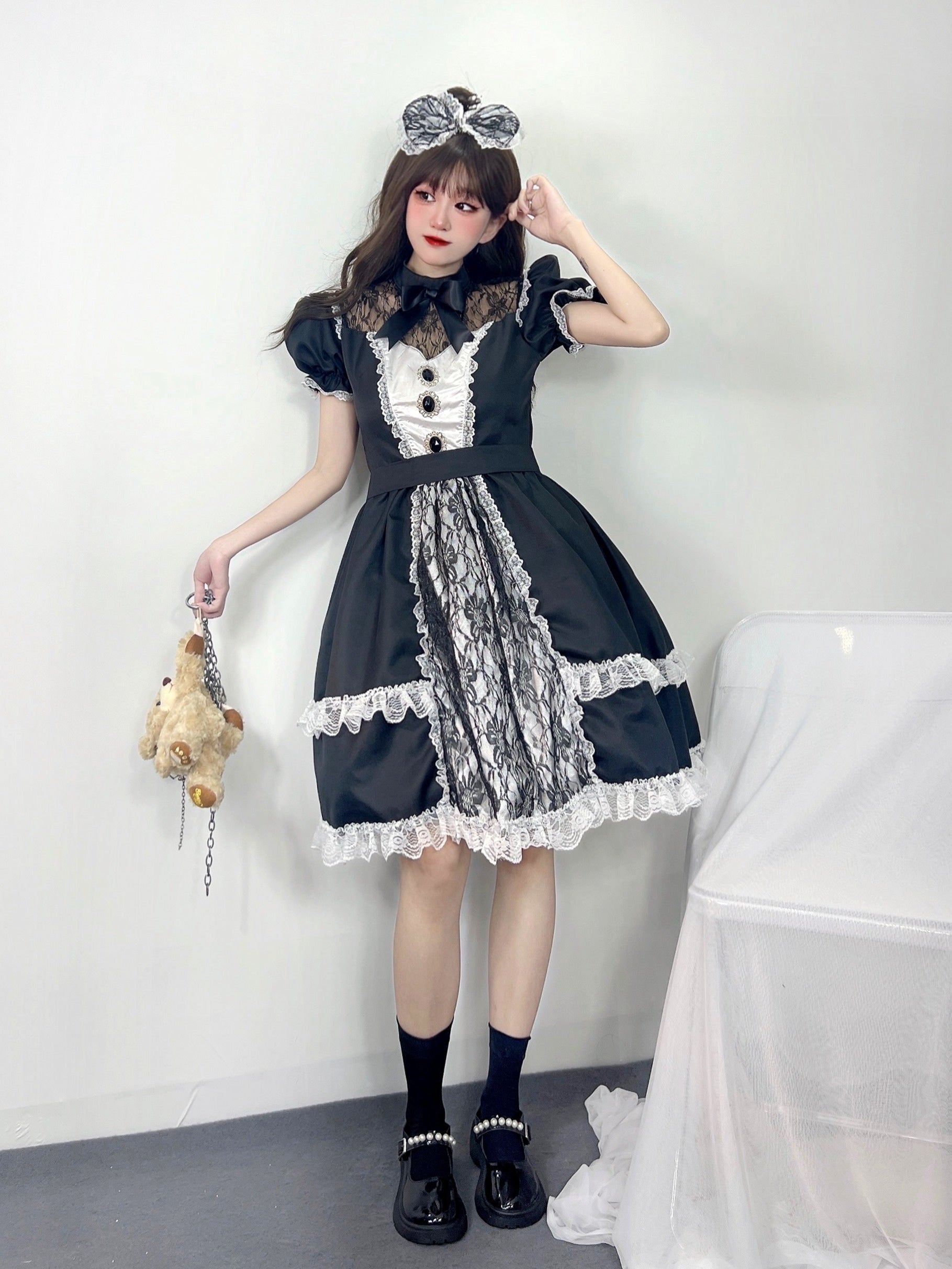 Halloween Lolita Lace Dress Illusion Neckline Puff Sleeve A-Line