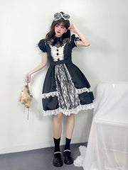Halloween Lolita Lace Dress Illusion Neckline Puff Sleeve A-Line