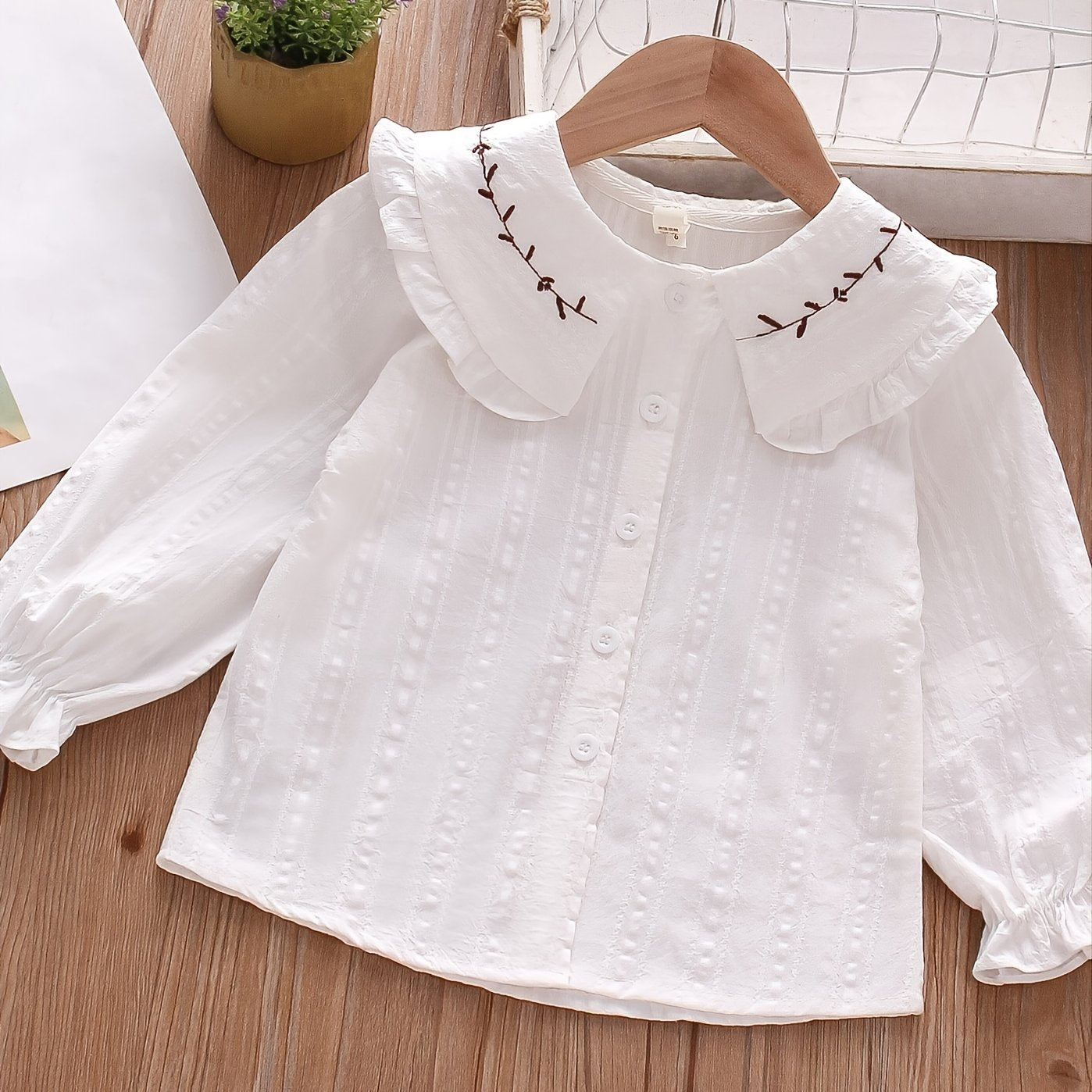 Girls Long Sleeve Shirt Big Lapel Ruffle Embroidered Shirt