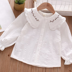 Girls Long Sleeve Shirt Big Lapel Ruffle Embroidered Shirt