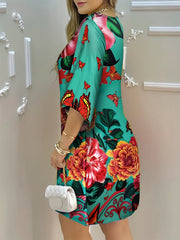 Tropical Print Crew Neck Dress Casual Short Sleeve Dress