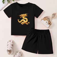 Short Sleeve Dragon Pattern T-shirt & Shorts Set