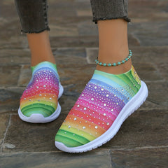 Women's Rainbow Rhinestone Sock Sneakers Slip On Sports Shoes