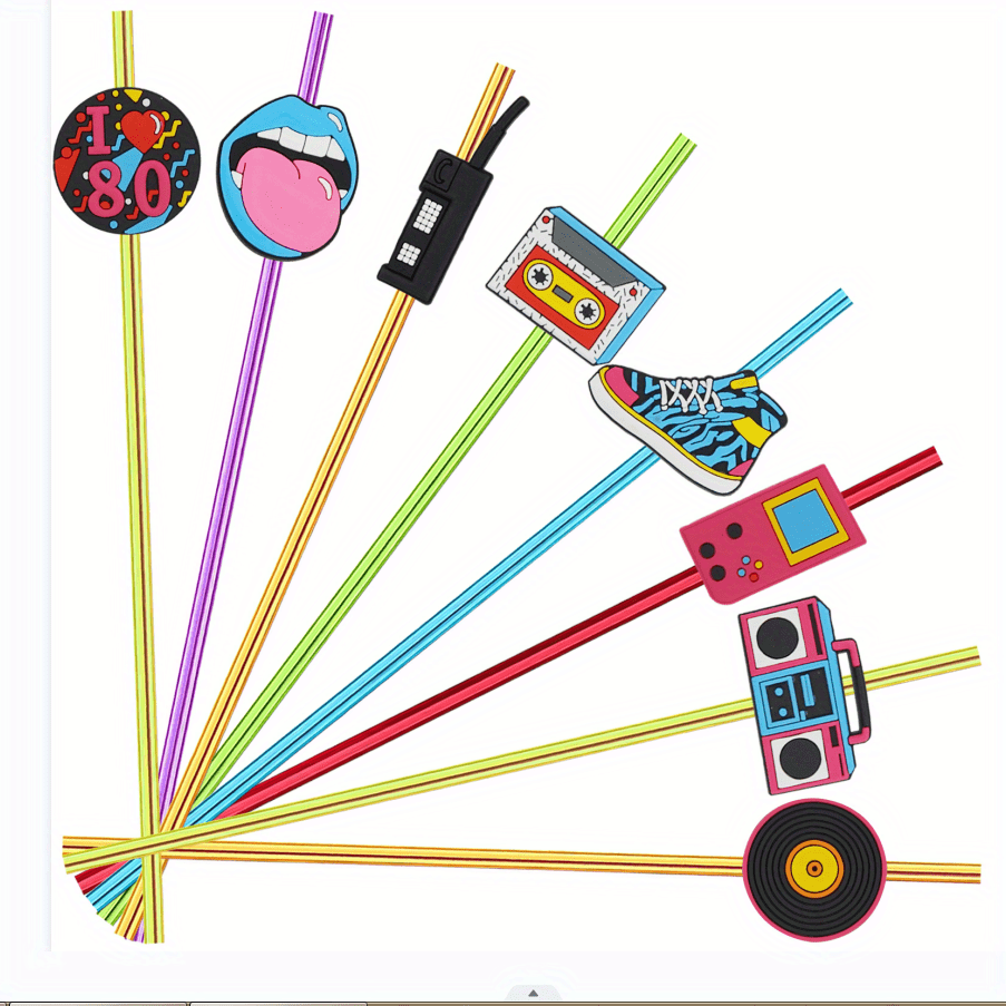 8pcs 80s Theme Reusable Drinking Straws for Family Gatherings, Birthday Parties