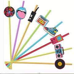 8pcs 80s Theme Reusable Drinking Straws for Family Gatherings, Birthday Parties