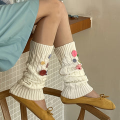 Colorful Button Decor Knitted Leg Warmers Knee High Socks Women's Stockings