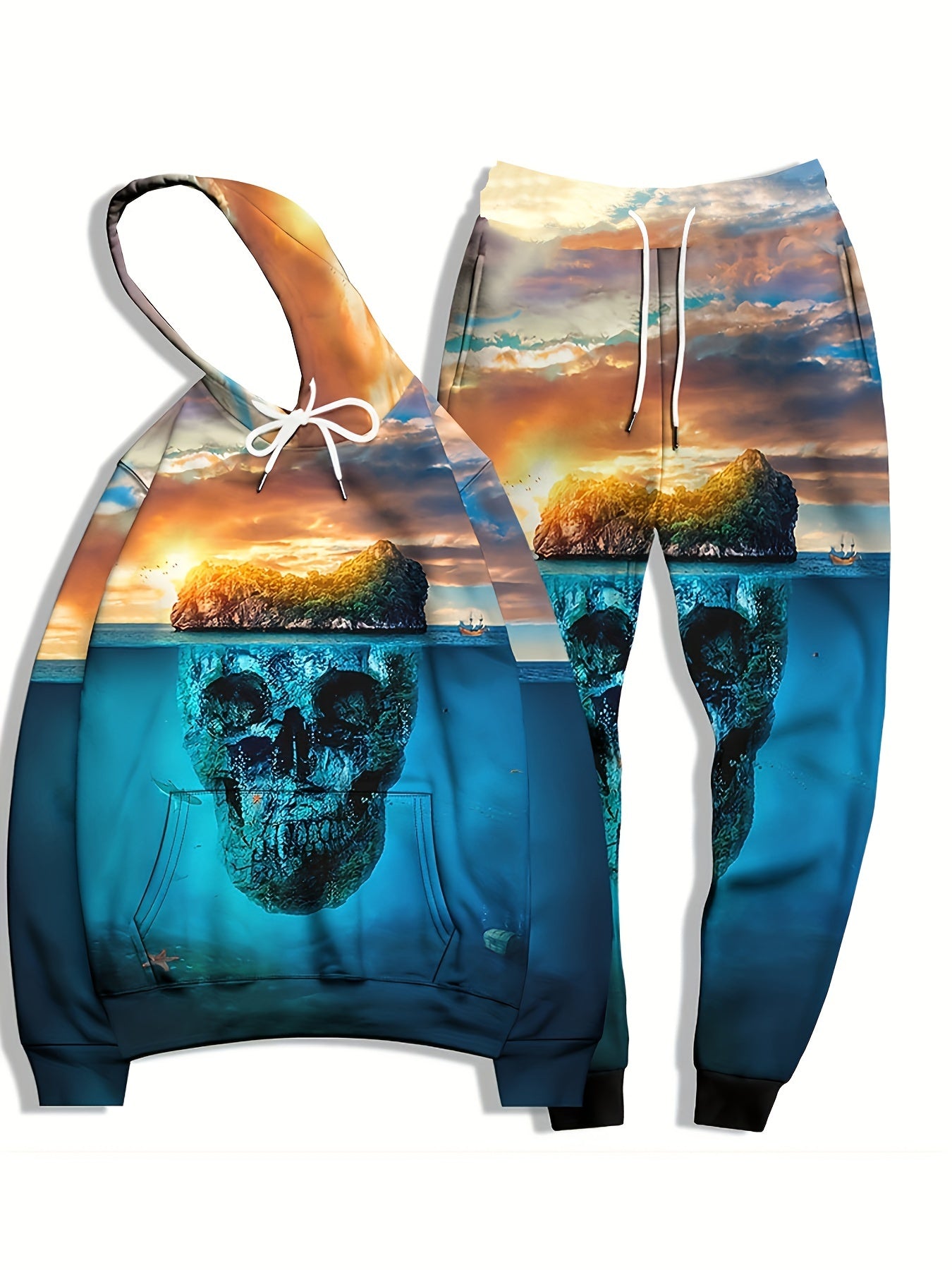 Skull & Roses Print Men's Hoodie & Sweatpants Set for Autumn Winter