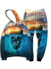 Skull & Roses Print Men's Hoodie & Sweatpants Set for Autumn Winter