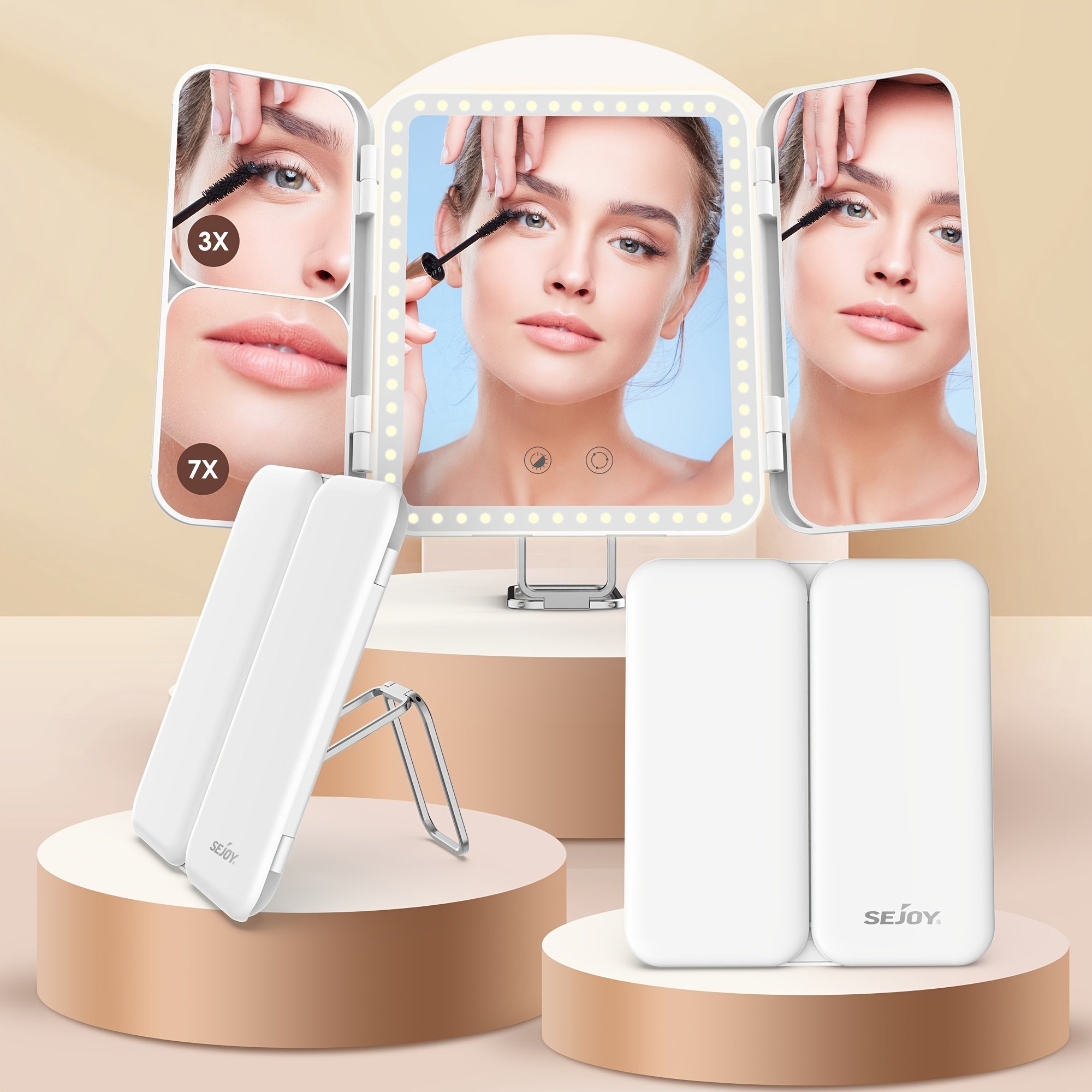 Tri Fold Makeup Mirror Vanity Mirror with 3 LED Lights X1 X3 X7 Magnification