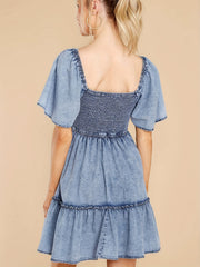 Short Sleeves Denim Dress Smocked Round Neck