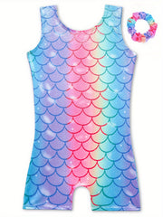 Girls Sweet Fish Scale Pattern Sleeveless Gymnastics Dancing Suit