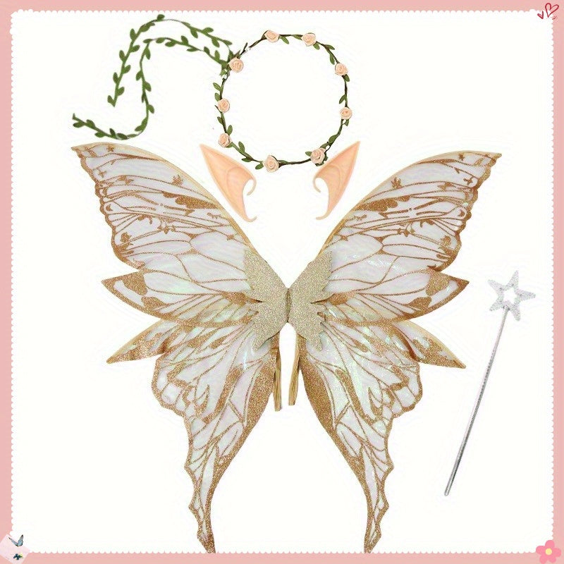 4pcs Fairy Wings Flower Crown Magic Wand Elf Ears Women Role Play Themed Parties