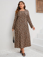 Women's Plus Leopard Print Long Sleeve Round Neck Maxi Dress