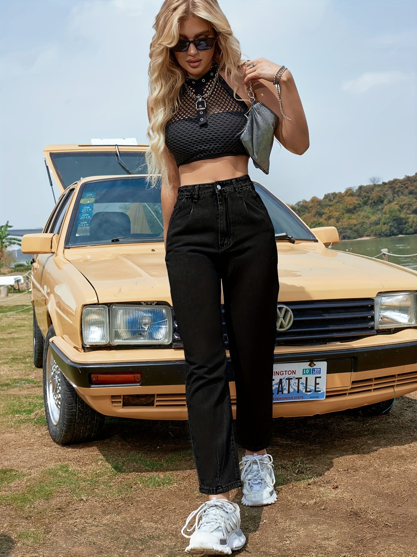 High Waist Straight Jeans High Rise Non Stretch Slash Pockets Denim Pants
