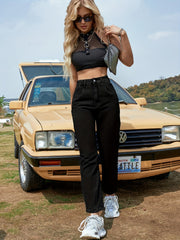 High Waist Straight Jeans High Rise Non Stretch Slash Pockets Denim Pants