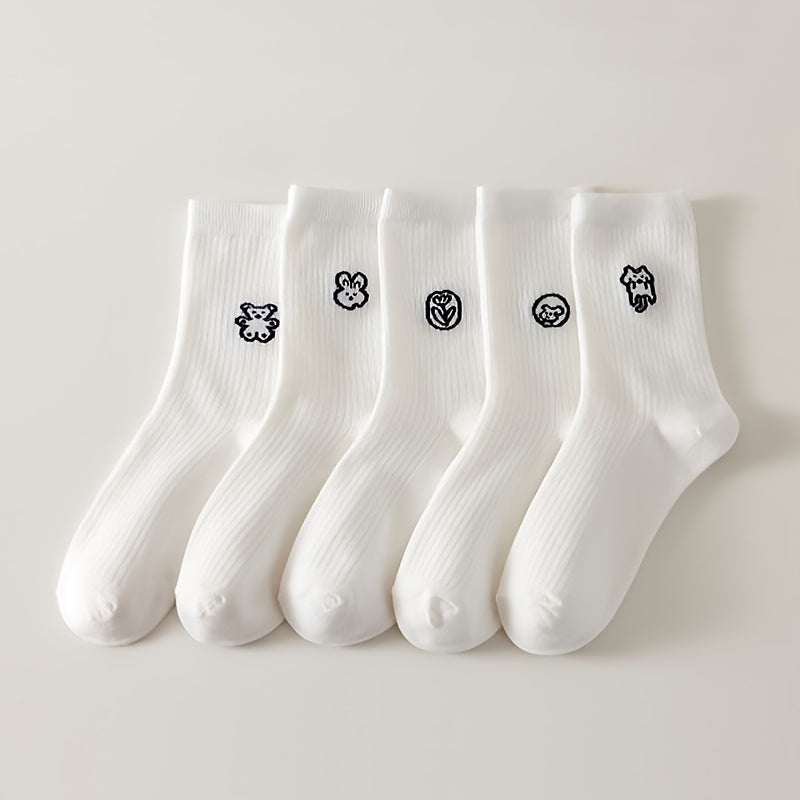 5 Pairs Cartoon Animal Essential Socks Women's Mid Tube Socks
