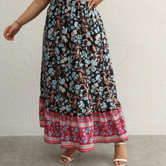 Boho Skirt Women's Plus Floral Print Ruffle Trim Elastic High Rise