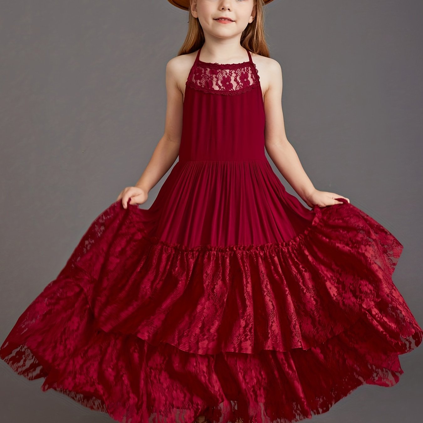 Girl's Halter Lace Maxi Dress For Wedding Piano Performance