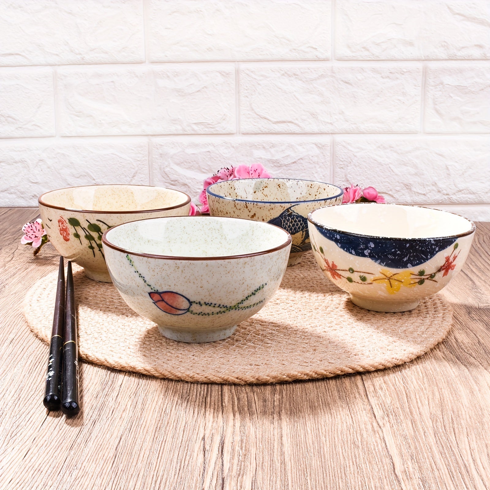 4 Ceramic Rice Bowls 10-14 Oz Microwave Safe Round Bowls for Soup Rice