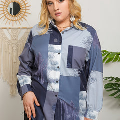 Colorblock Print Long Sleeve Button Up Blouse