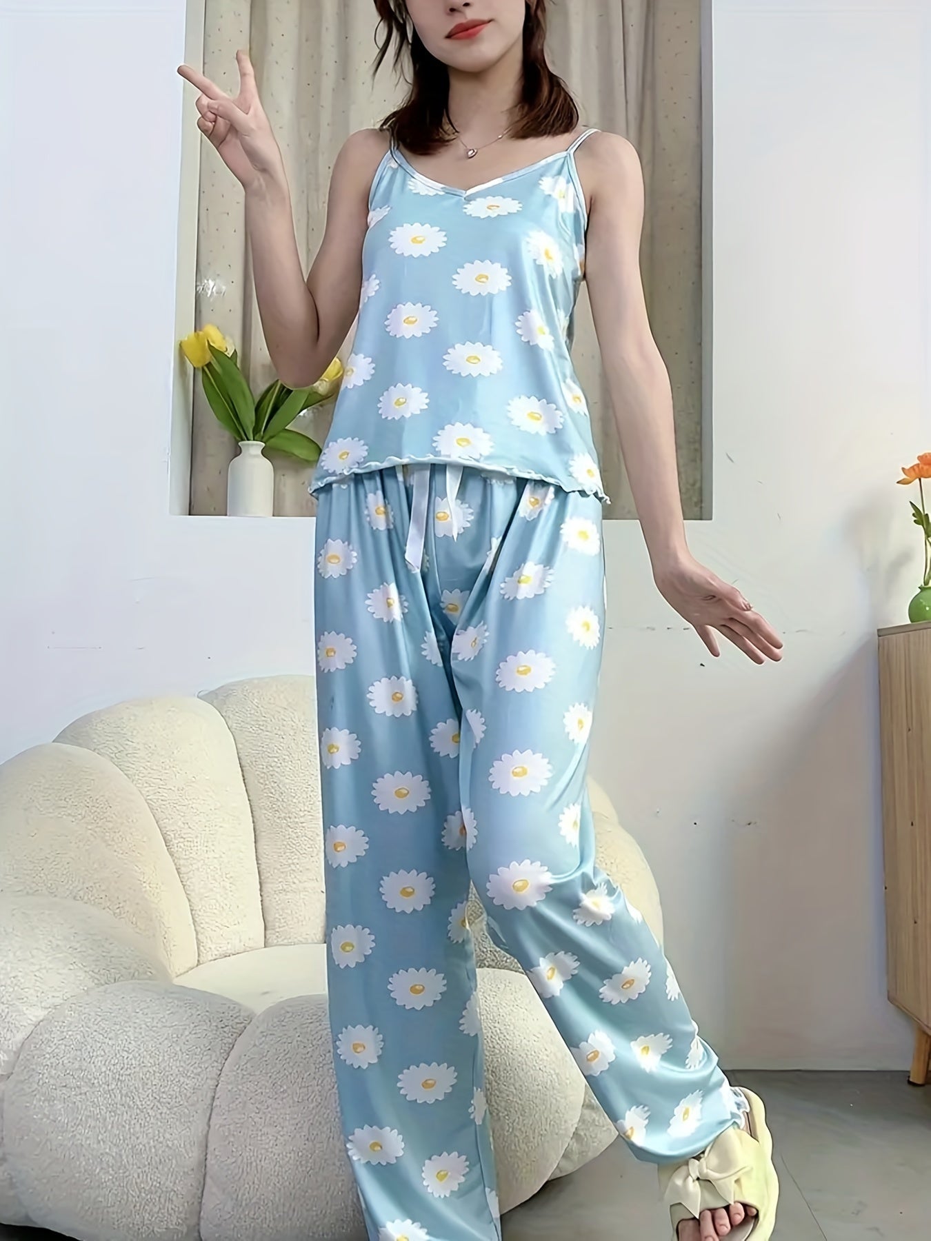 Floral Print Pajama Set V Neck Cami Top & Pants