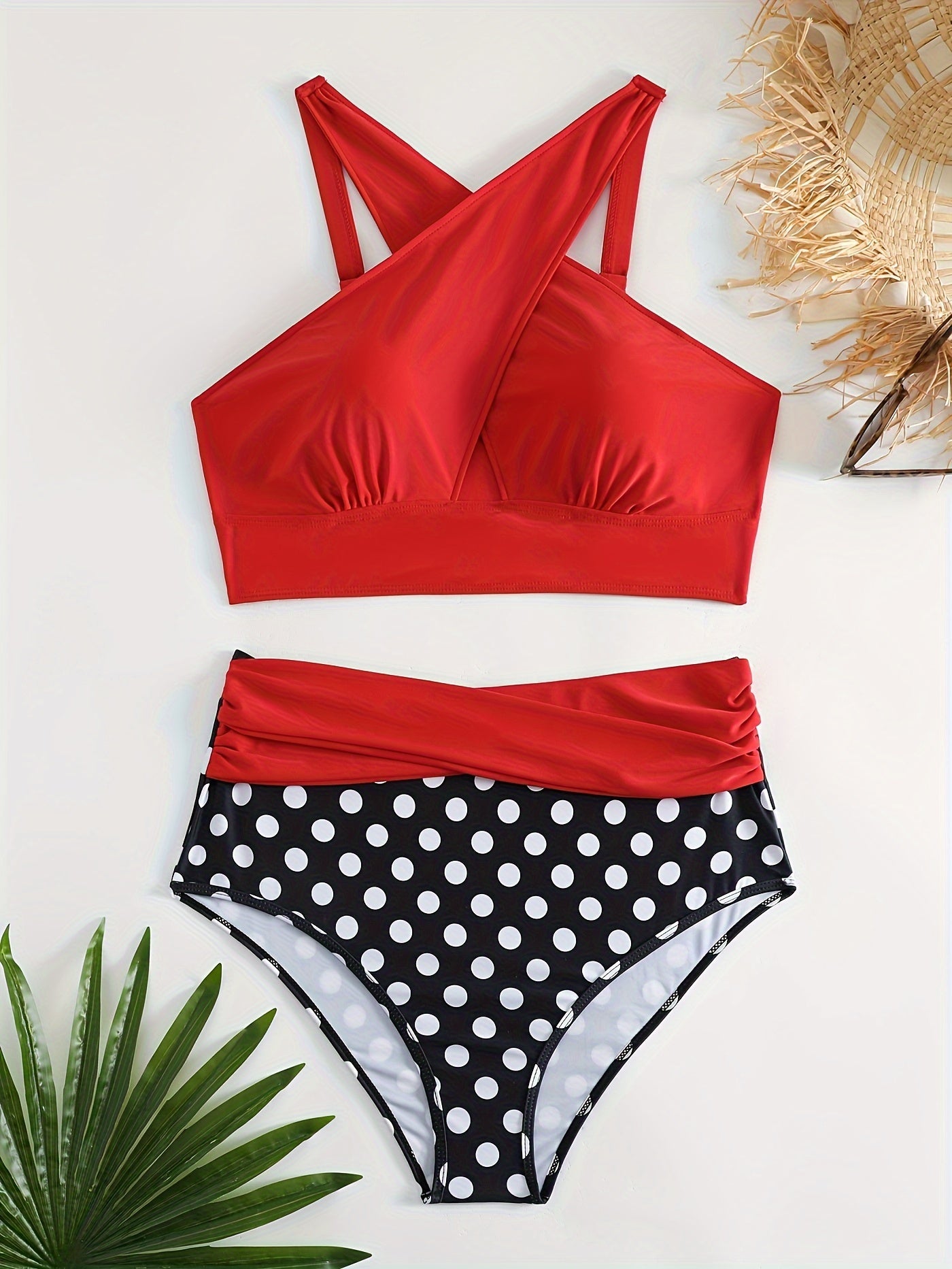 Sexy Bikini Set Cross Halter Top & Polka Dot Print