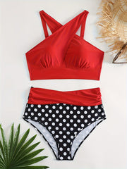 Sexy Bikini Set Cross Halter Top & Polka Dot Print