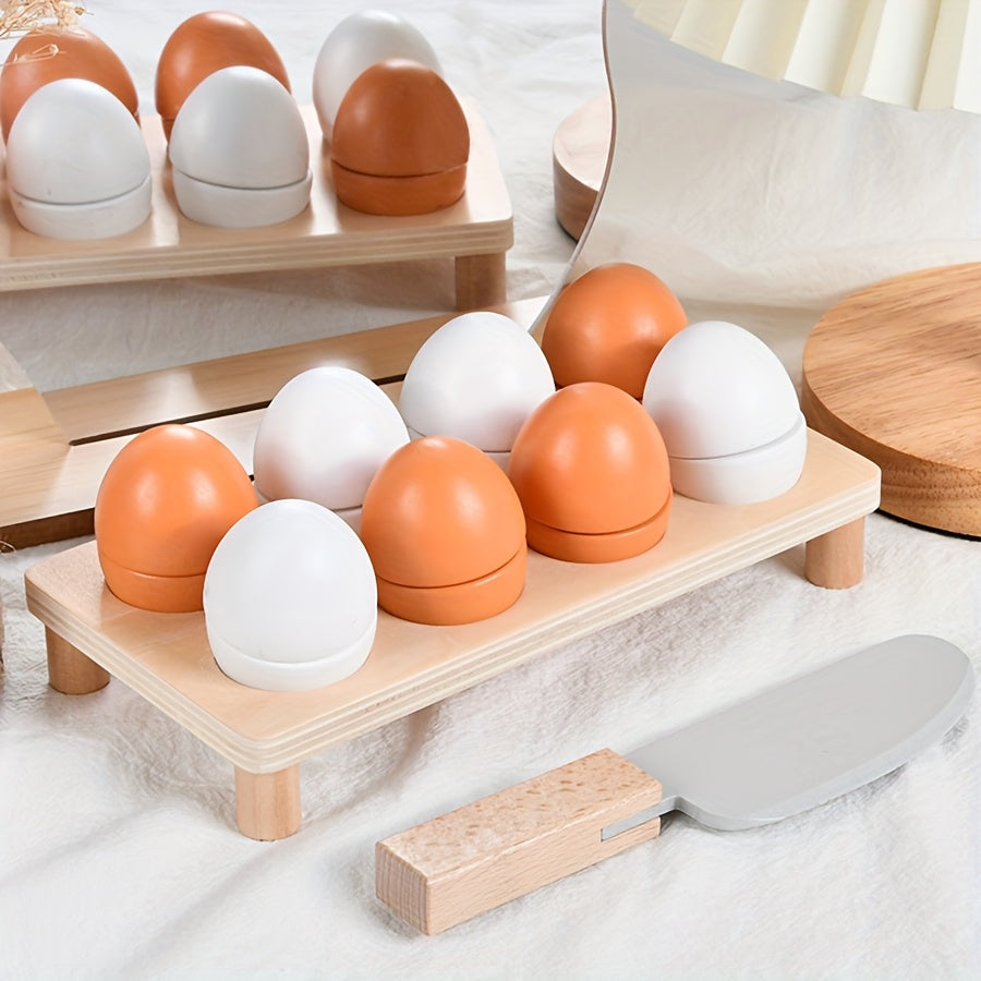 Wooden Egg Pretend Play Set Toy 8 Eggs 1 Holder 1 Cutter for 3 Years Easter Gift