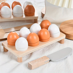 Wooden Egg Pretend Play Set Toy 8 Eggs 1 Holder 1 Cutter for 3 Years Easter Gift