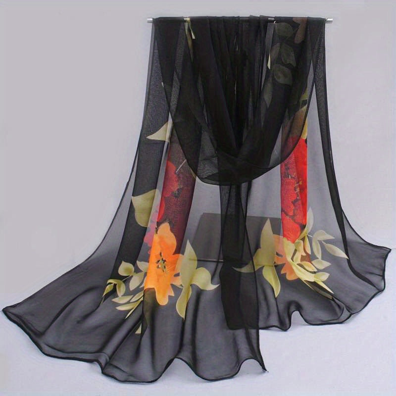 Vintage Flower Print Chiffon Scarf Thin Breathable Shawl
