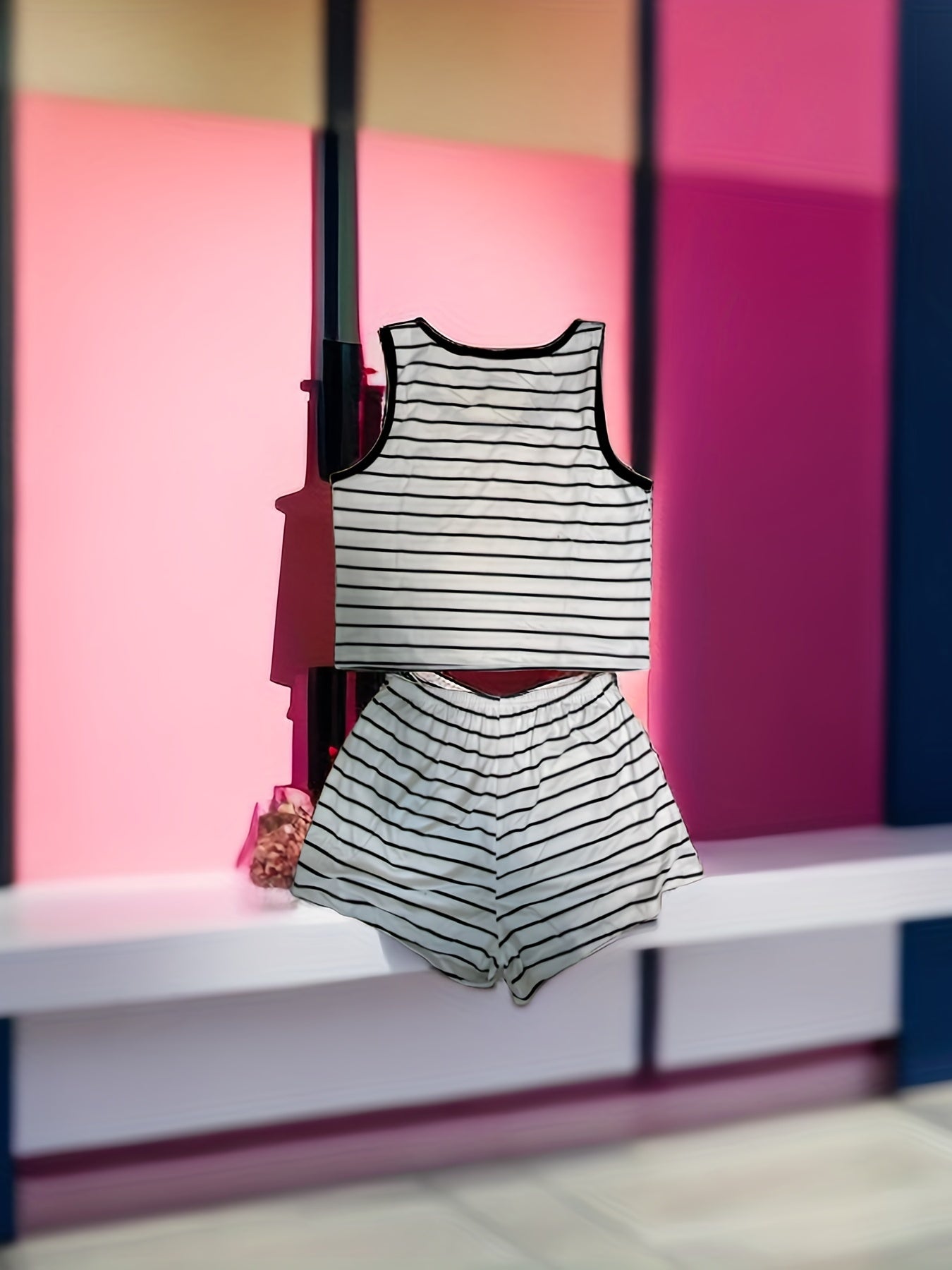 Striped Print Pajama Set Tank Top & Shorts Women's Sleepwear