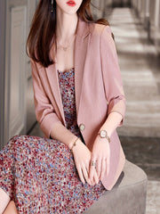 Solid Button Front Blazer Lapel Roll Up Sleeve Blazer