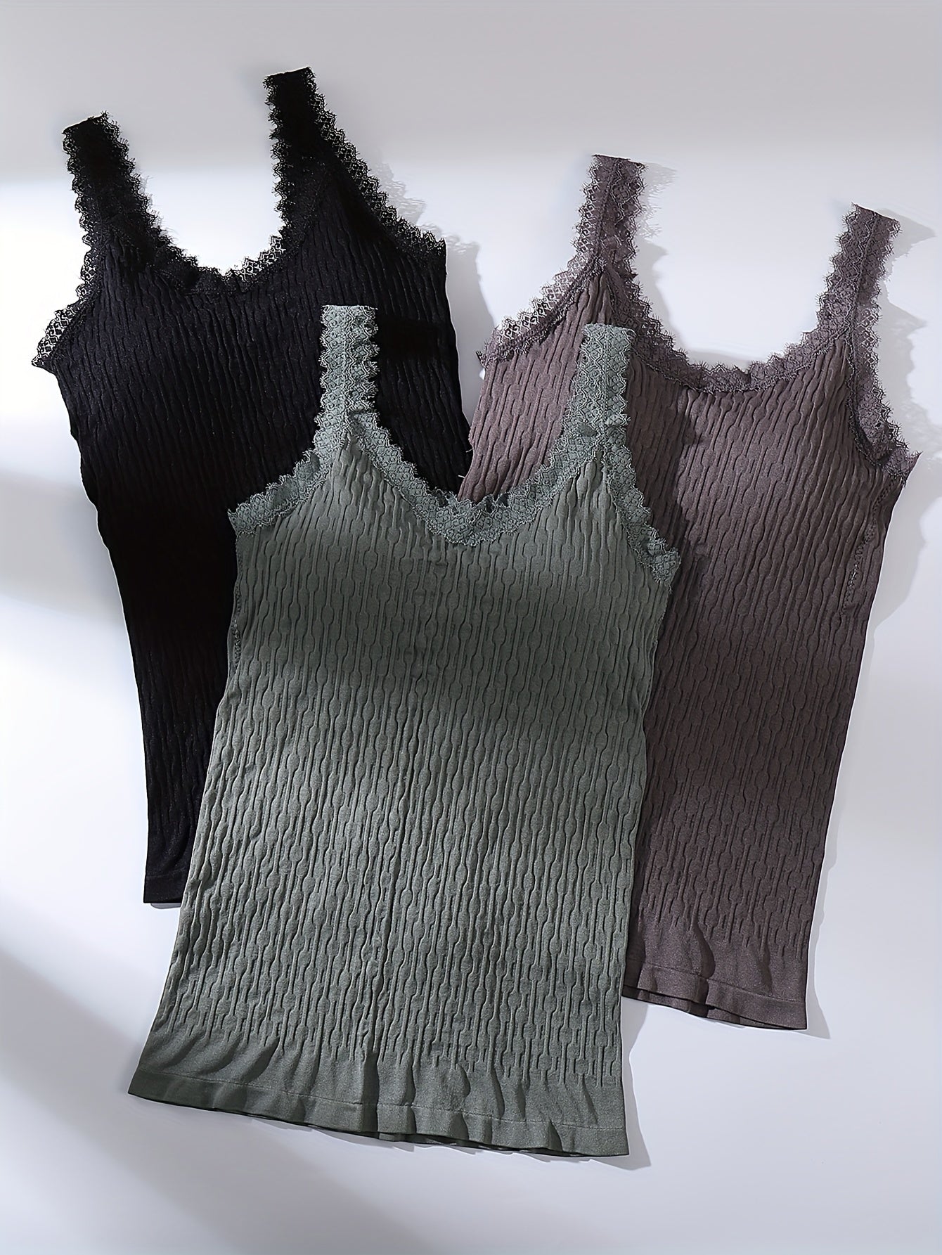 3pcs Lace Stitching Tank Tops V Neck Sleeveless Padded Top Women's Lingerie