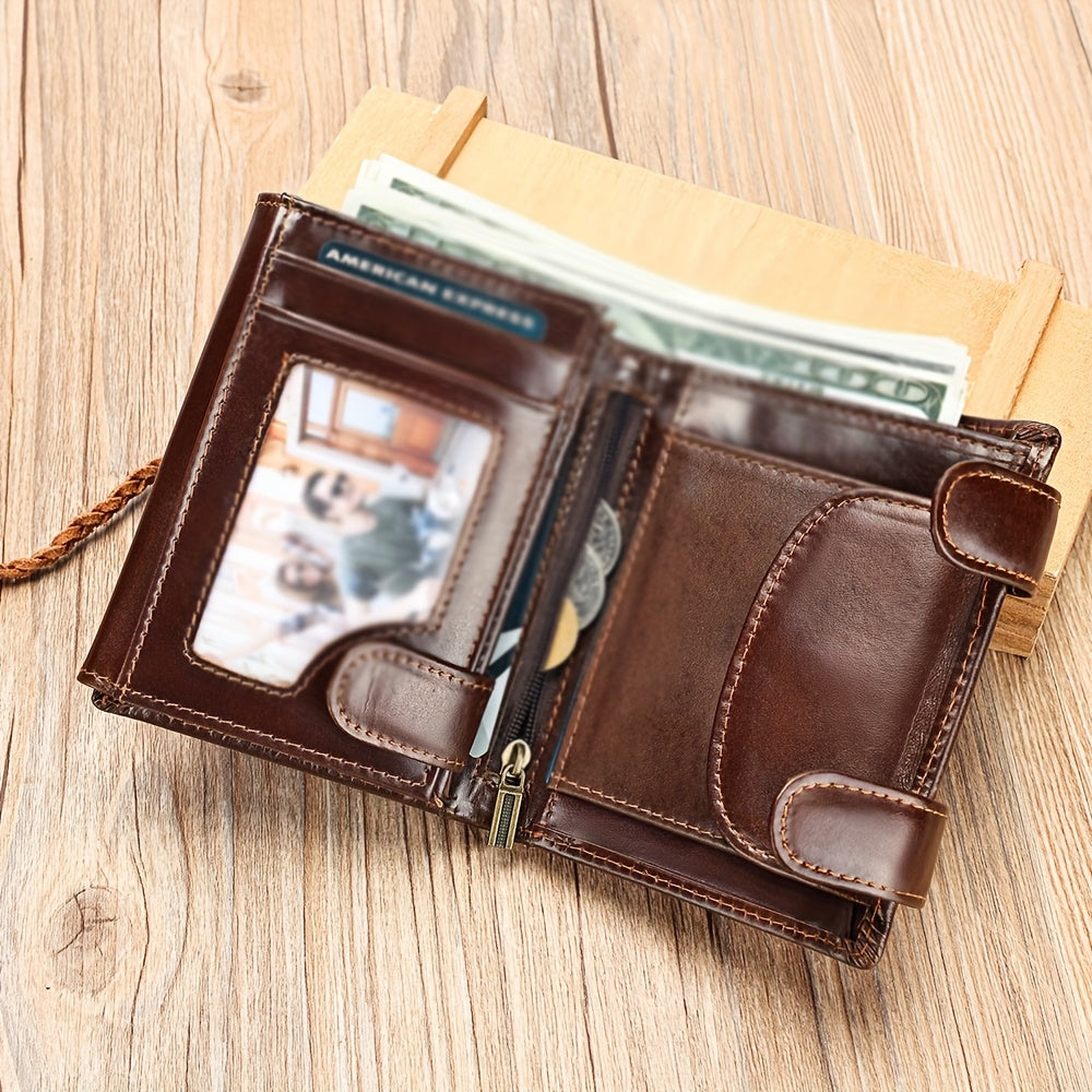 Three Fold Leather Wallet with Card Slot and Lanyard - Unisex Gift
