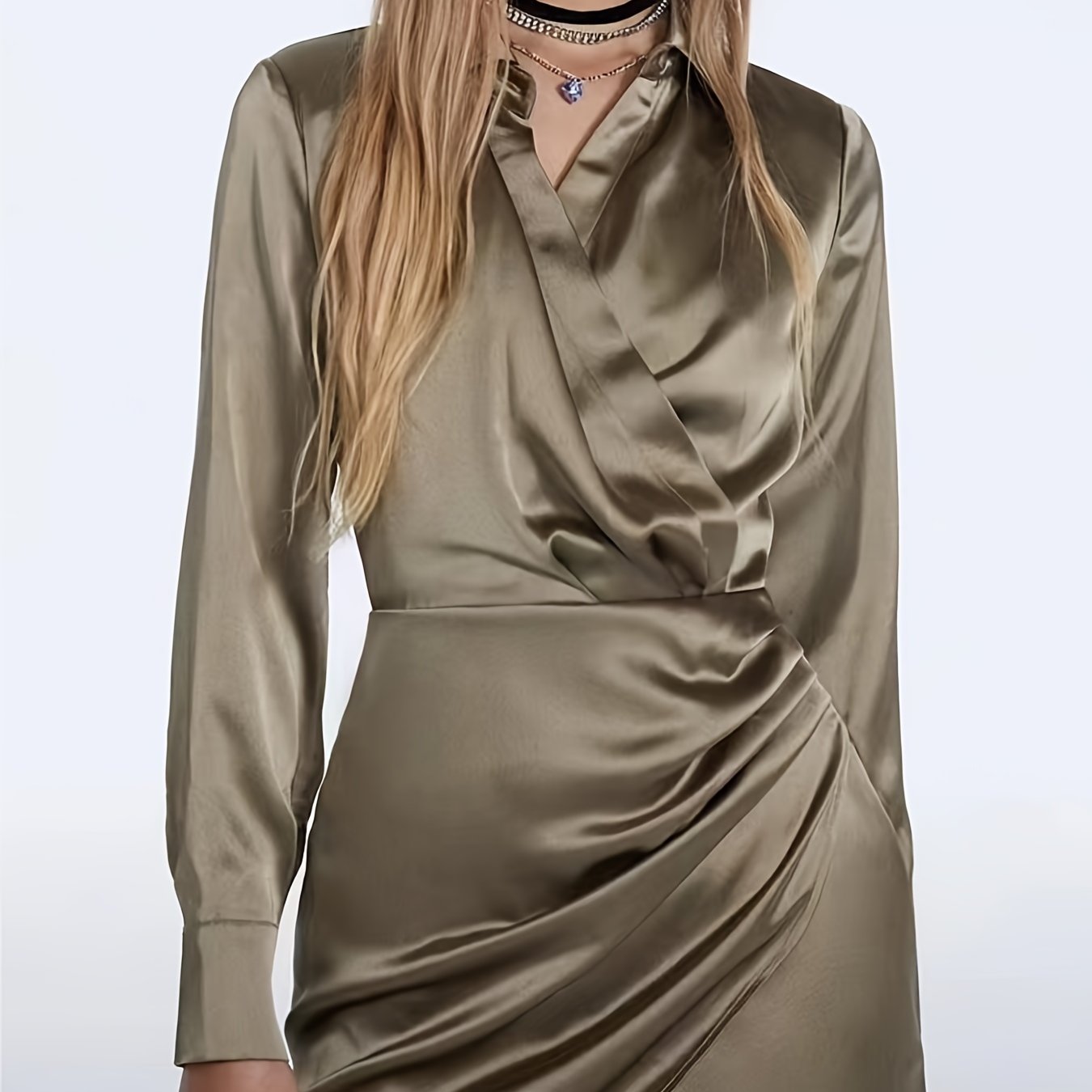 Solid Surplice Neck Long Sleeve Dress Mini Dress