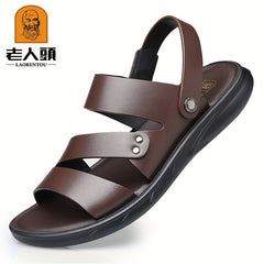 LAORENTOU Men's Leather Sandals Outdoor Anti-skid Slip On Beach Shoes