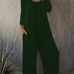 Casual Jumpsuit Solid Long Sleeve Wide Leg Jumpsuit With Pockets