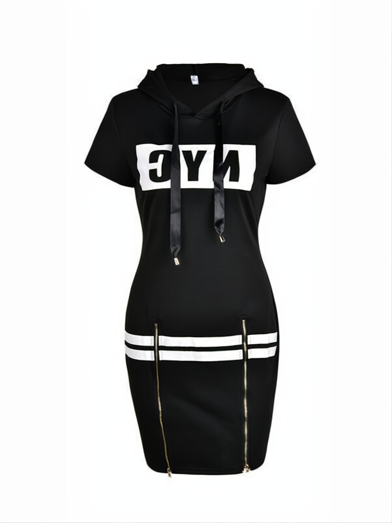 Letter Print Hooded Dress Casual Split Zipper Long Sleeve Dress