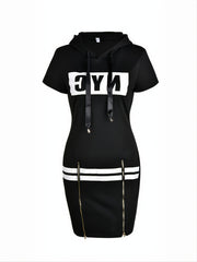 Letter Print Hooded Dress Casual Split Zipper Long Sleeve Dress