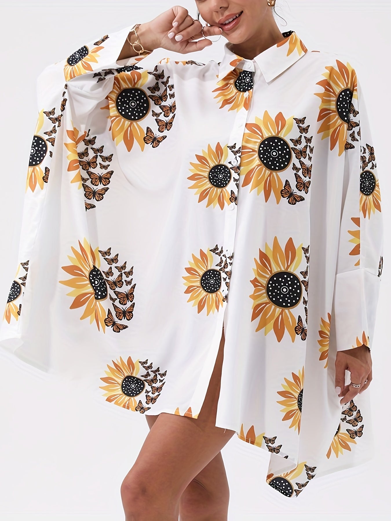 Sunflower Print Long Sleeve Casual Blouse