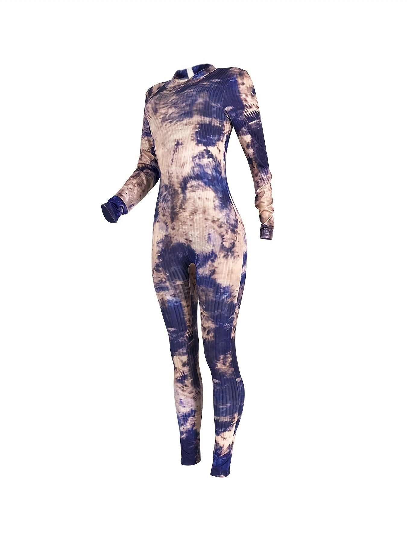 Tie Dye Print Skinny Jumpsuit Crew Neck Long Sleeve Women's Clothing