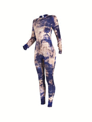 Tie Dye Print Skinny Jumpsuit Crew Neck Long Sleeve Women's Clothing