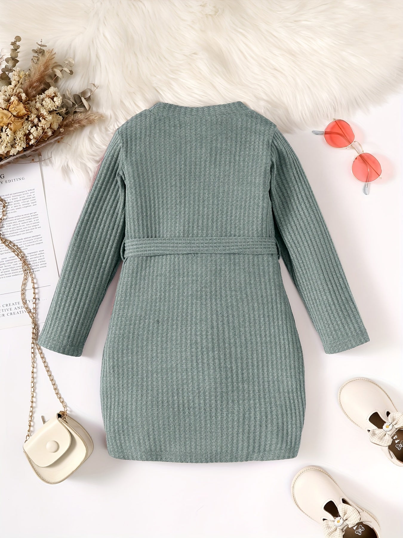 Toddler Girls Waffle Knit Dress With Belt