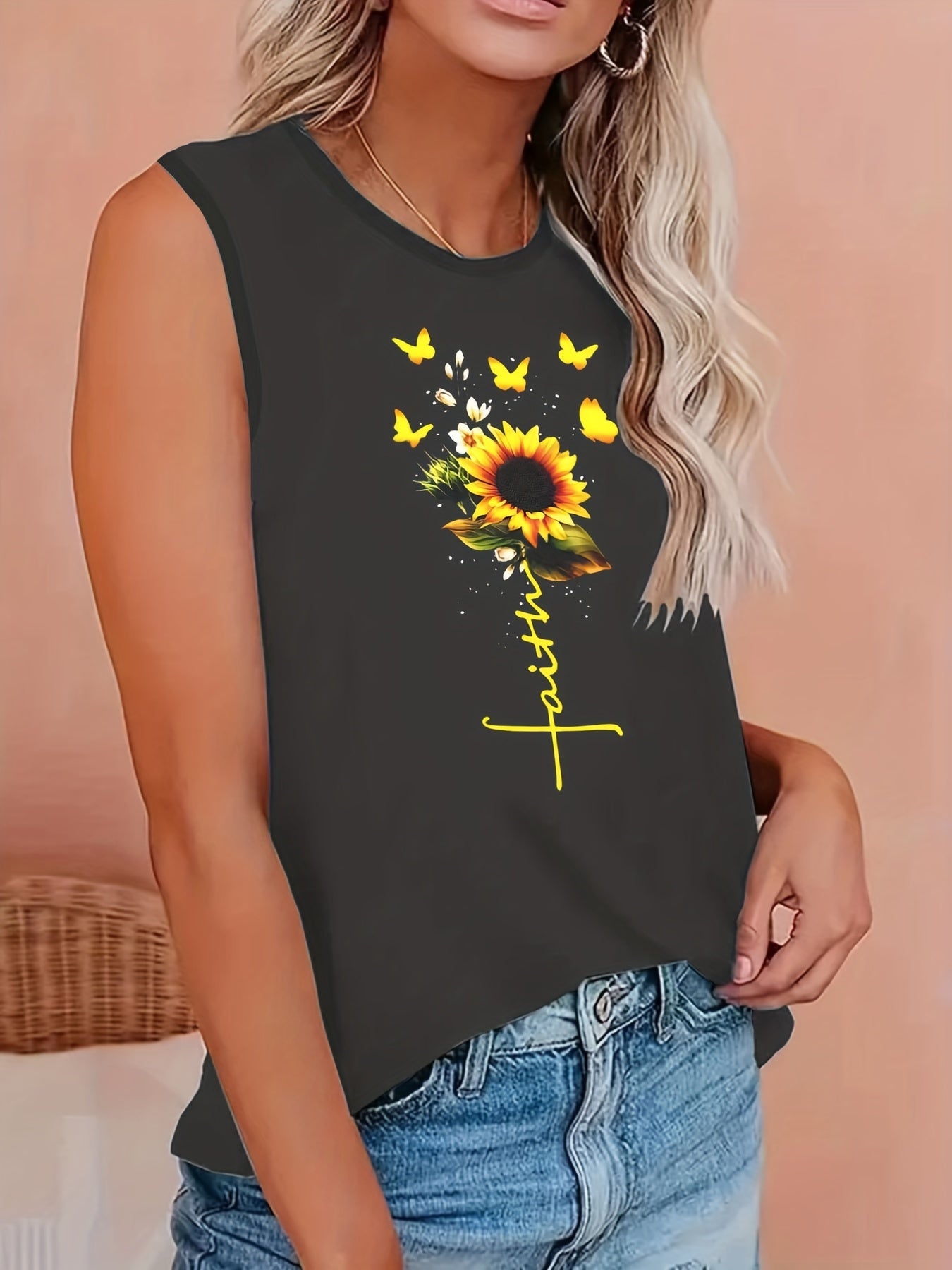 Butterfly & Sunflower Print Round Neck Tank Top