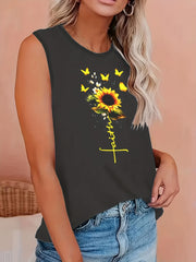 Butterfly & Sunflower Print Round Neck Tank Top