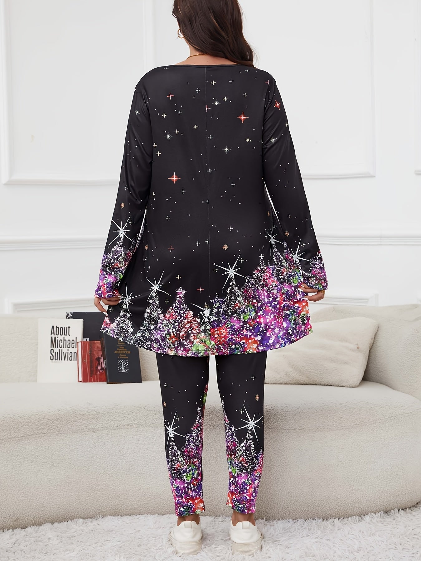 Glitter Christmas Tree Print Top & Pants Set