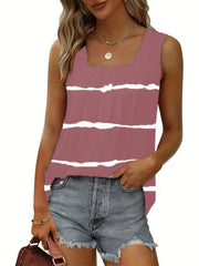 Striped Print Ruched Tank Top Square Neck Sleeveless Casual