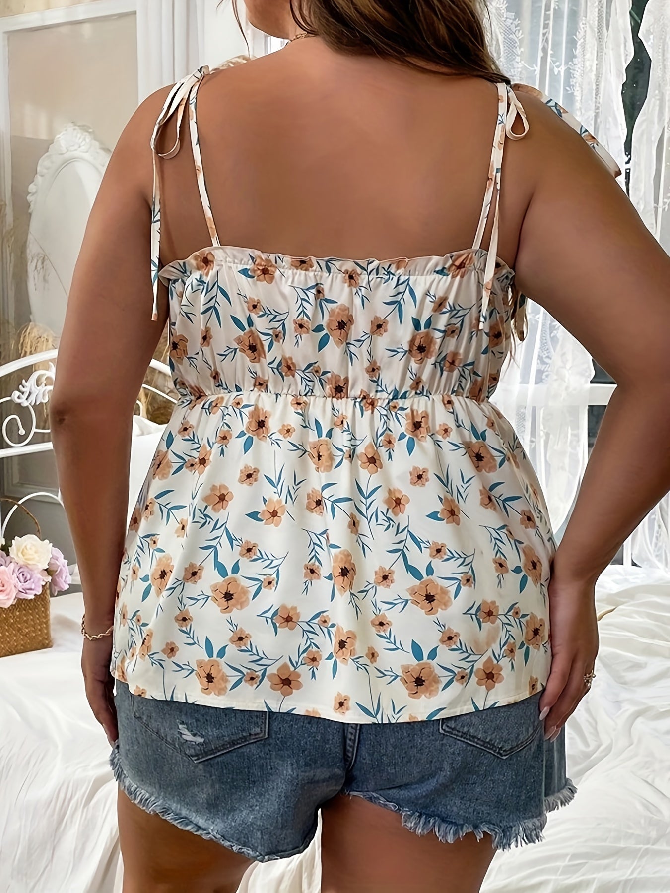 Floral Print Peplum Top with Tie Shoulders