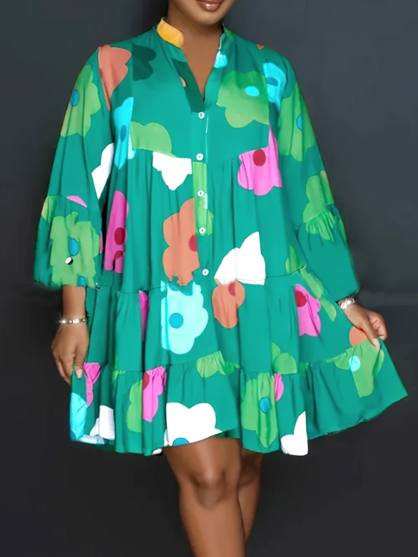Floral Print Long Sleeve V Neck Shirt Dress